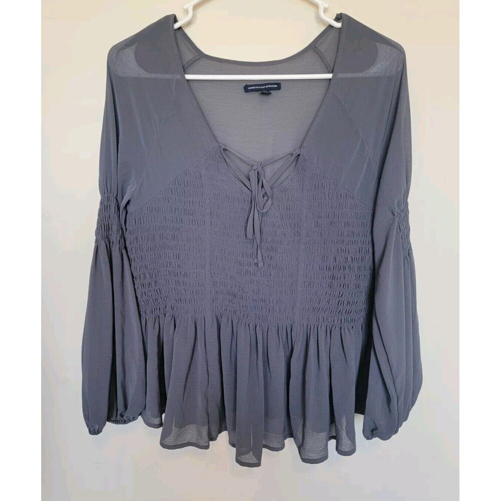 American Eagle Womens Semi Sheer Smocked Long Sleeve Top Size Small